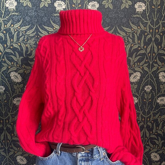 Lands' End Sweaters - Lands End Red Cashmere Cable Knit Turtleneck Sweater
